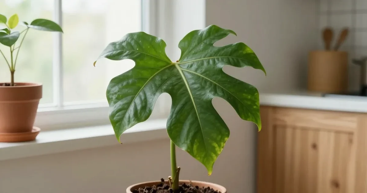 Houseplant leaf with bleached white patch from direct sunlight