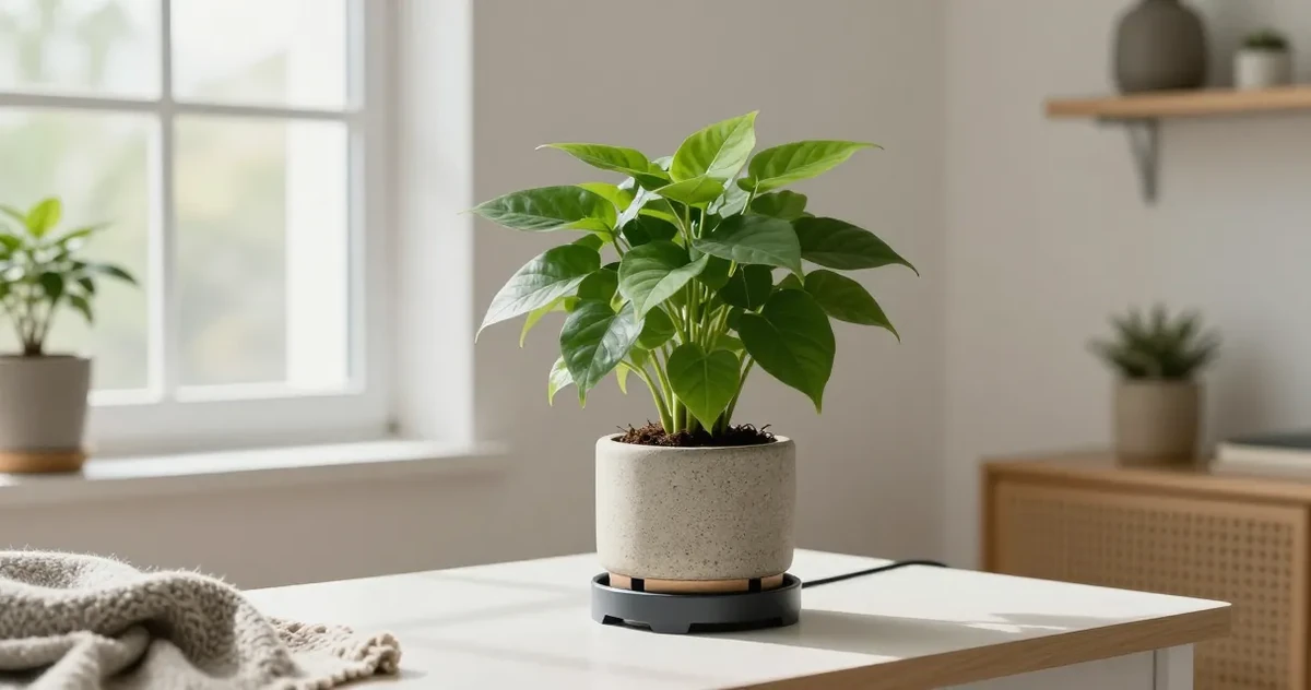 A self-watering pot, wick system setup, and drip stakes arranged next to common indoor houseplants