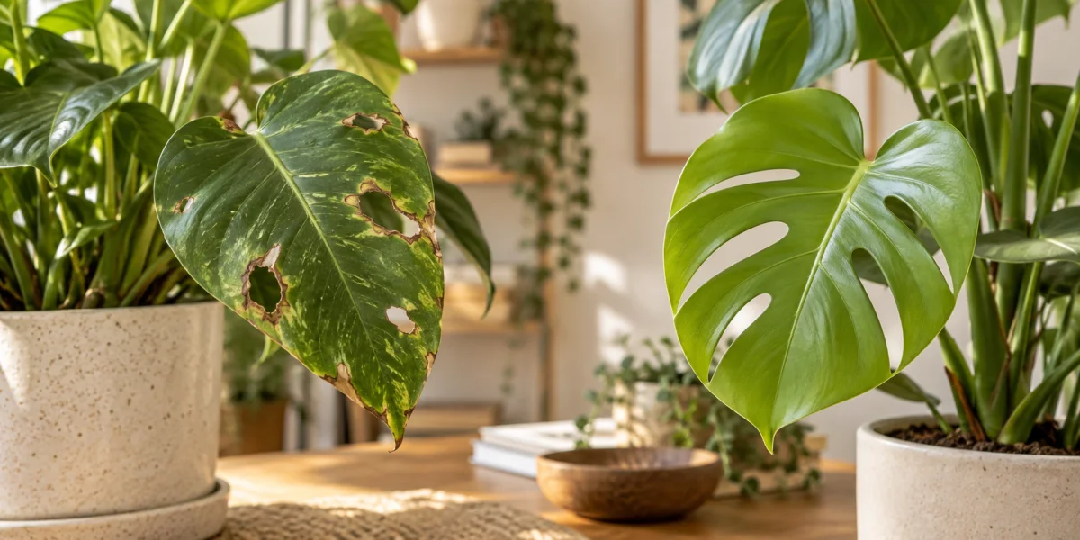 Close-up of a houseplant leaf showing holes of different shapes and edge conditions