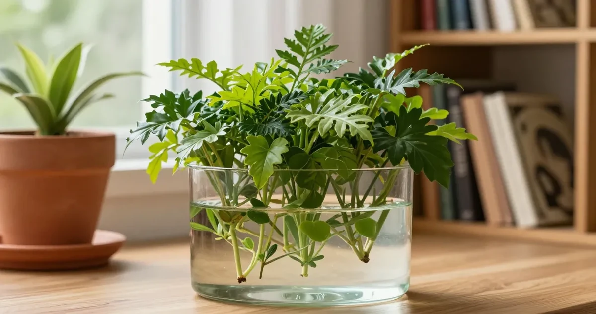 Several houseplants growing in clear glass vases of water on a bright windowsill