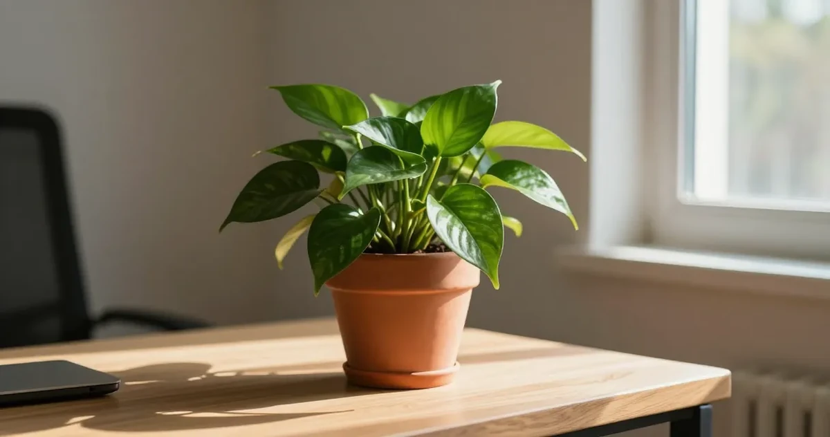 Pothos plant with trailing green leaves on a shelf