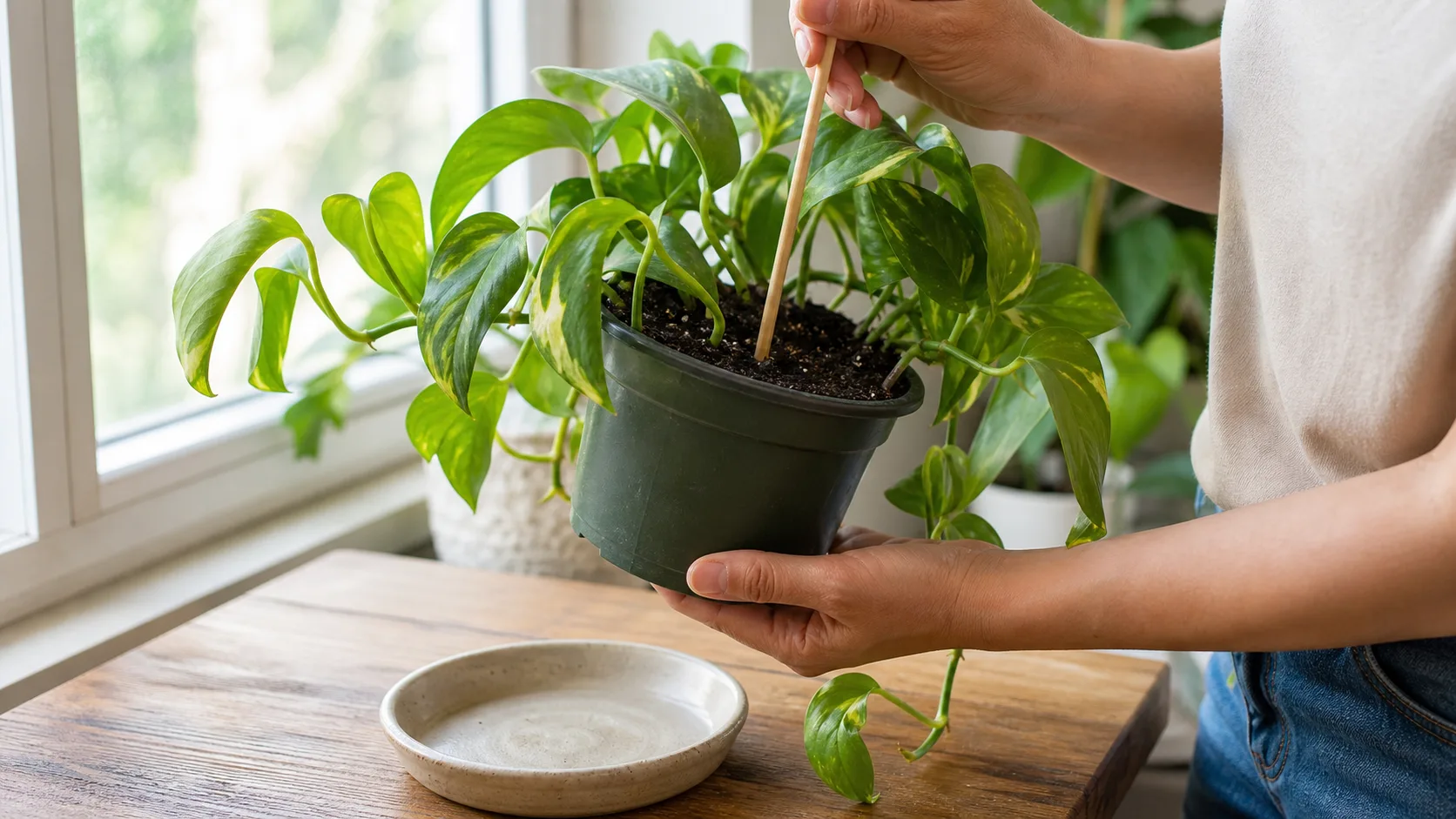 Curled pothos leaves being checked beside the soil, window, and drainage saucer