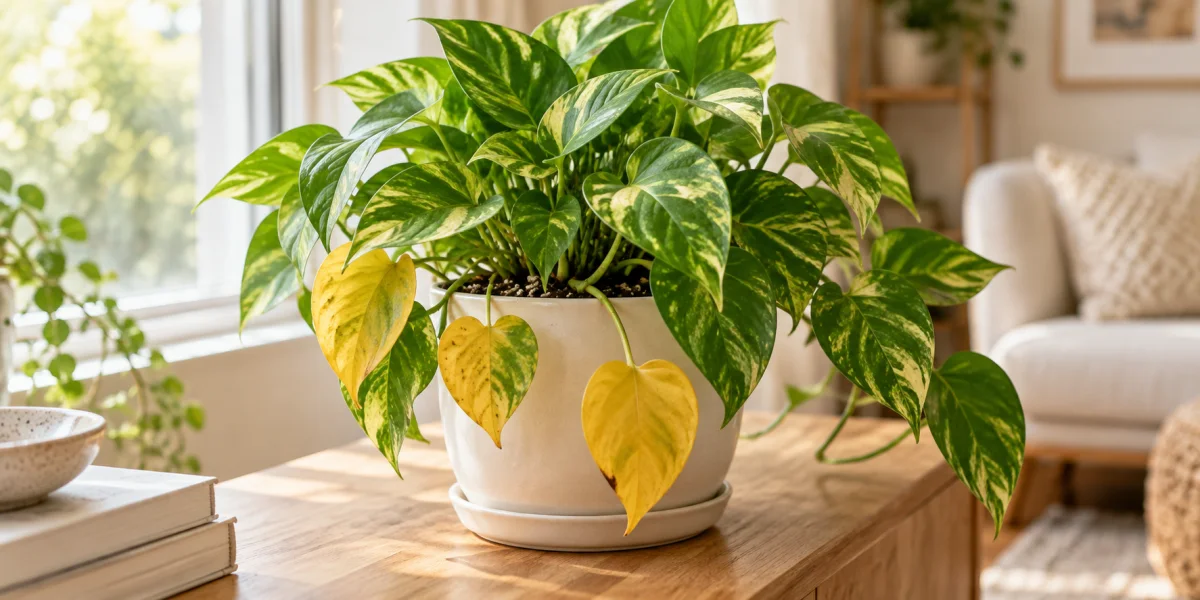 Golden pothos with several yellowing lower leaves in a ceramic pot on a wooden table