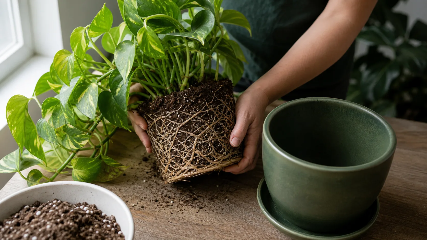 Pothos being gently lifted from its pot for repotting