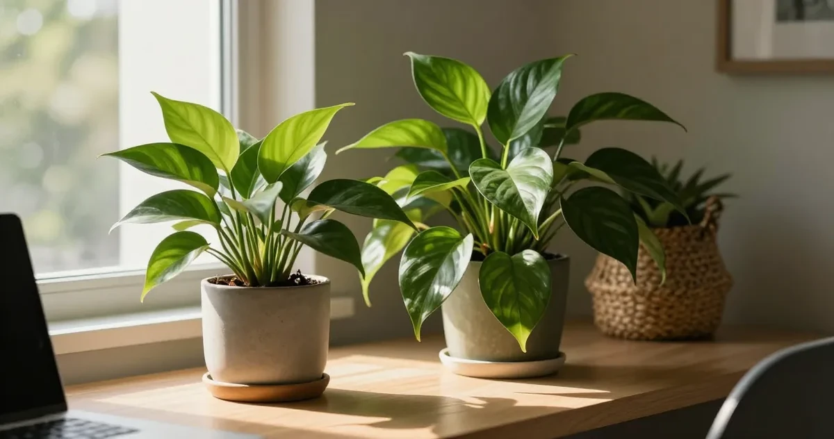 Pothos and heartleaf philodendron leaves side by side showing differences in texture and shape