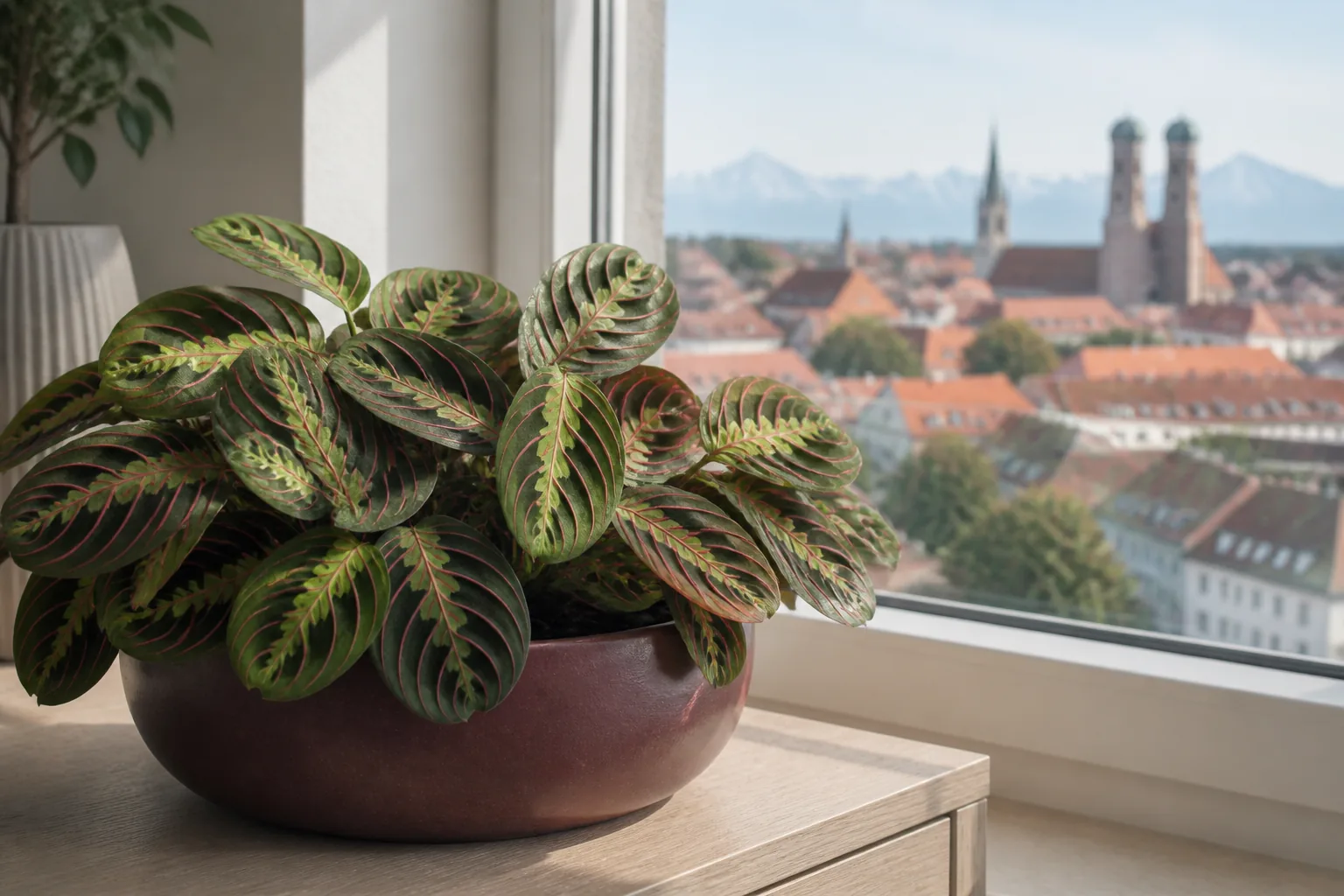 Prayer plant Maranta leuconeura beside a softly lit window in Munich