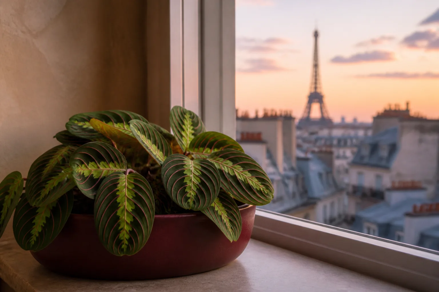 Prayer plant Maranta leuconeura beside a softly lit window in Paris