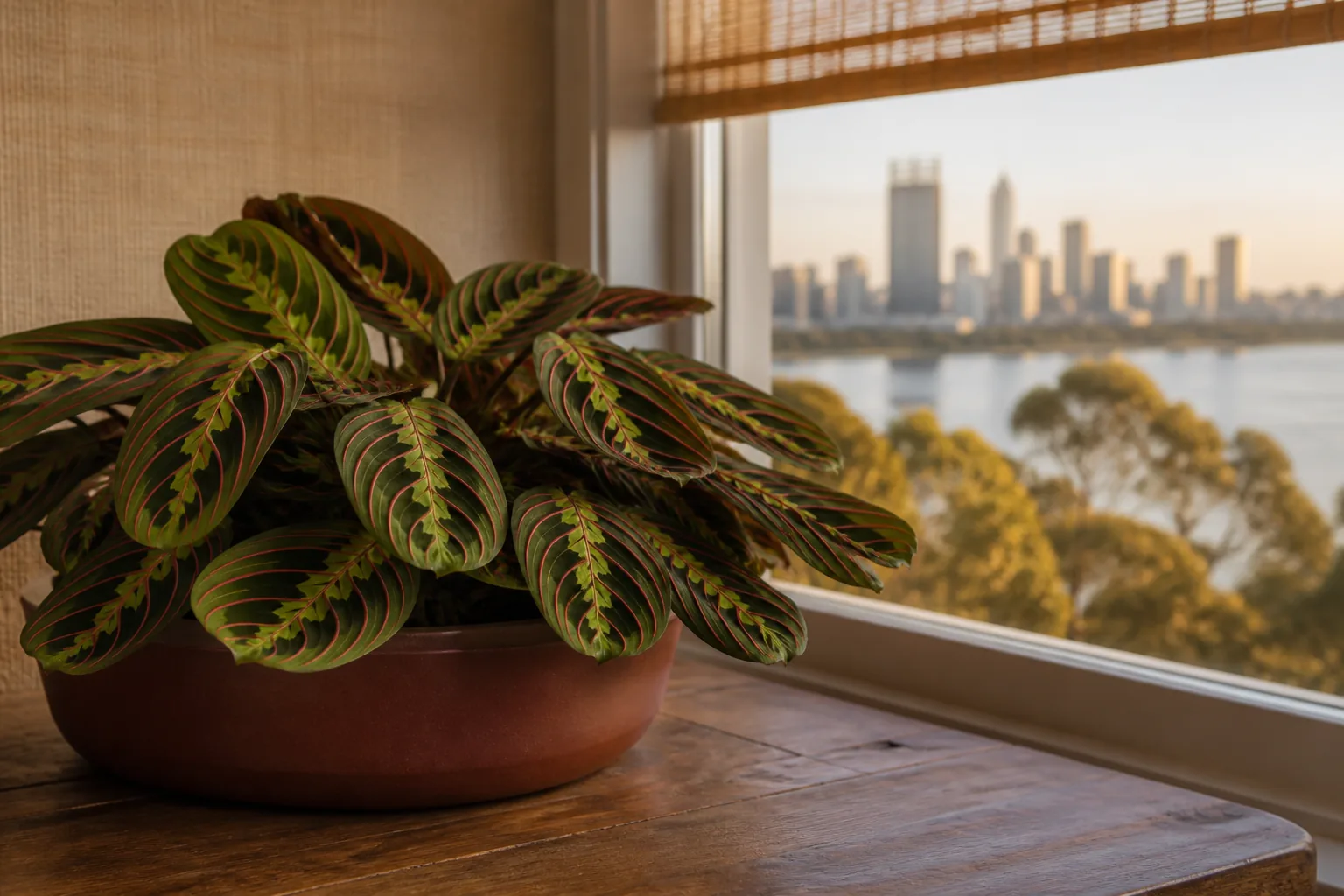 Prayer plant Maranta leuconeura beside a softly lit window in Perth