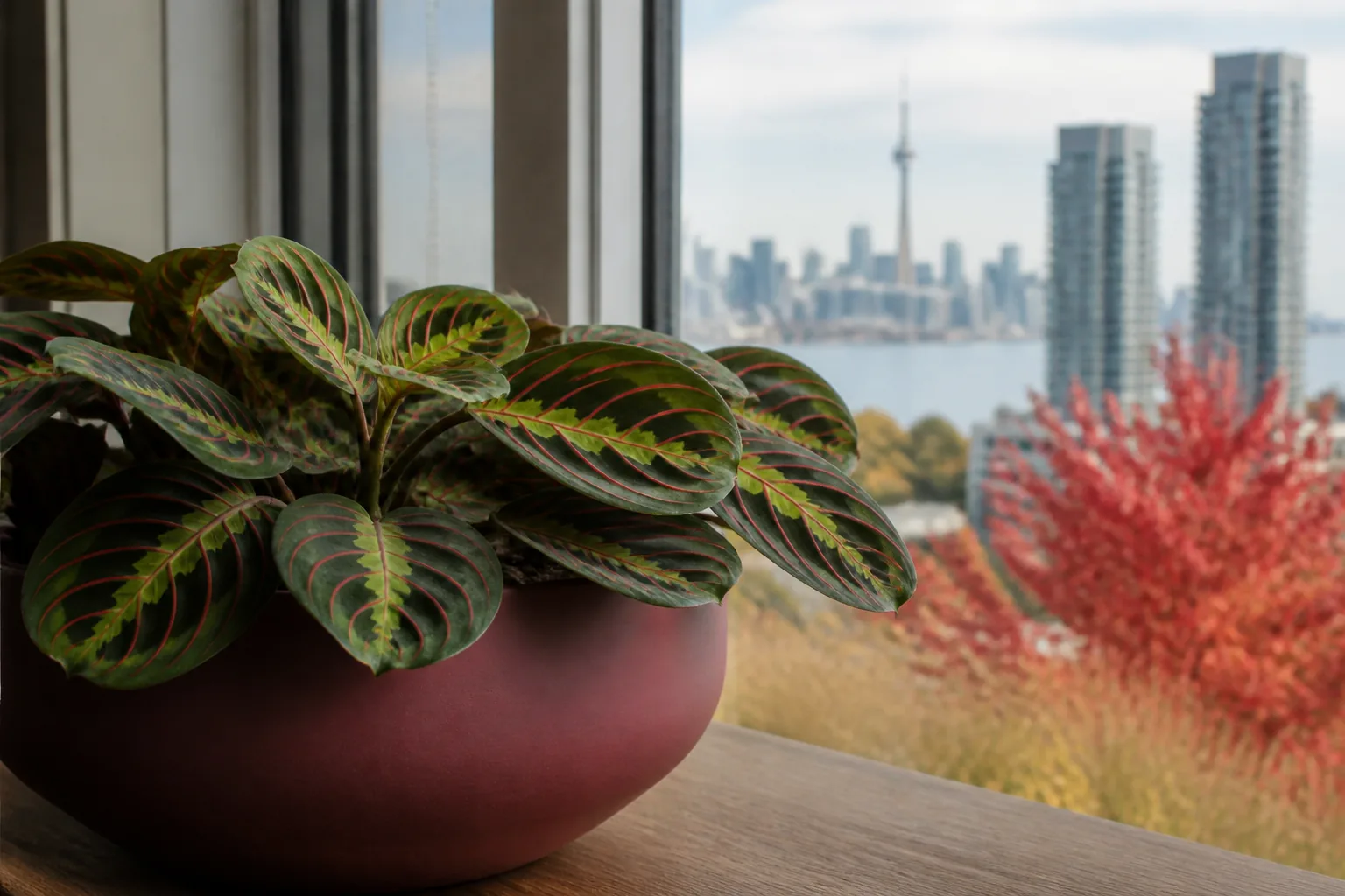 Prayer plant Maranta leuconeura beside a softly lit window in Toronto