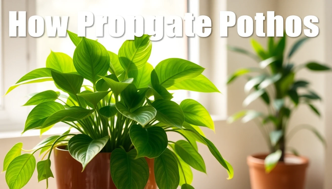 Pothos cuttings rooting in water beside pruning snips and healthy trailing vines