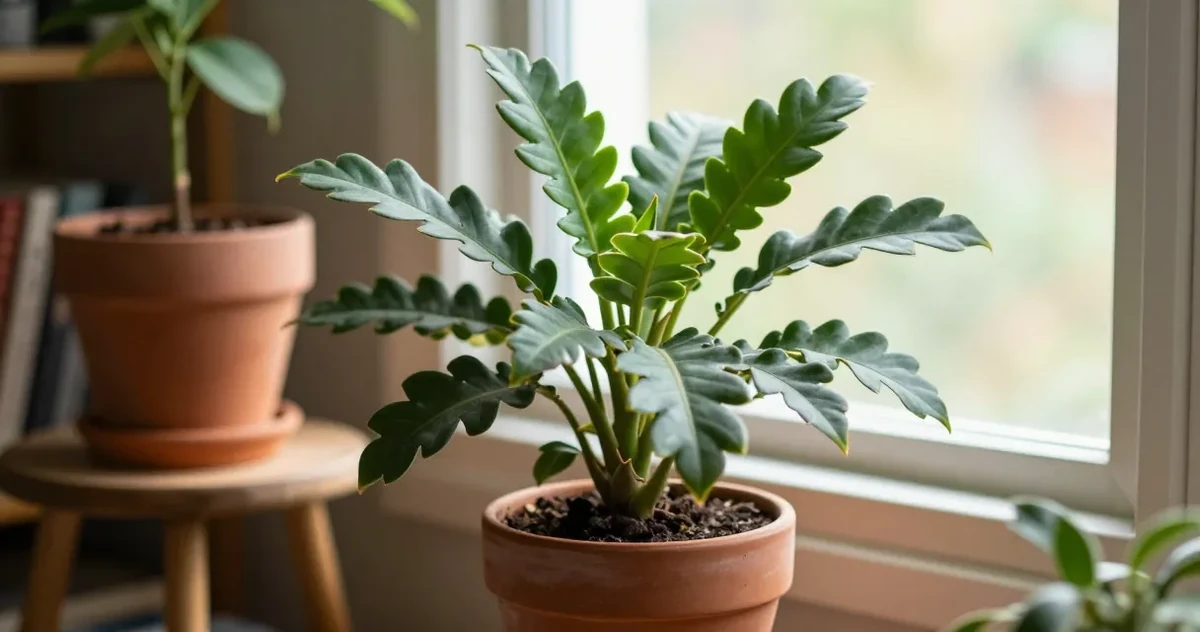 A collection of rare and unusual houseplants including velvet-leaf philodendrons and unusual succulents arranged on a wooden shelf