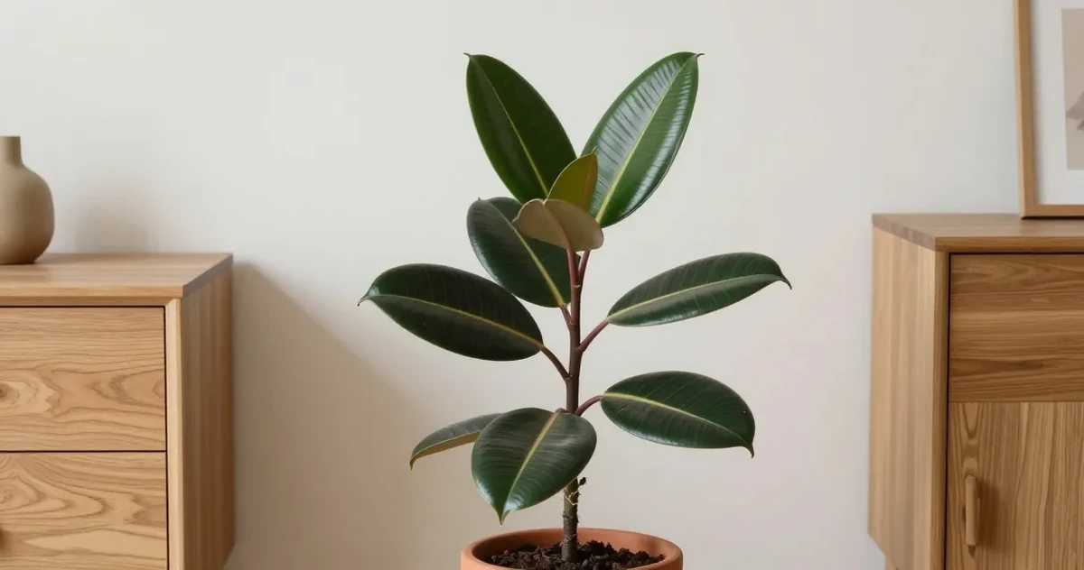 Rubber plant with glossy dark green leaves in a bright indoor setting