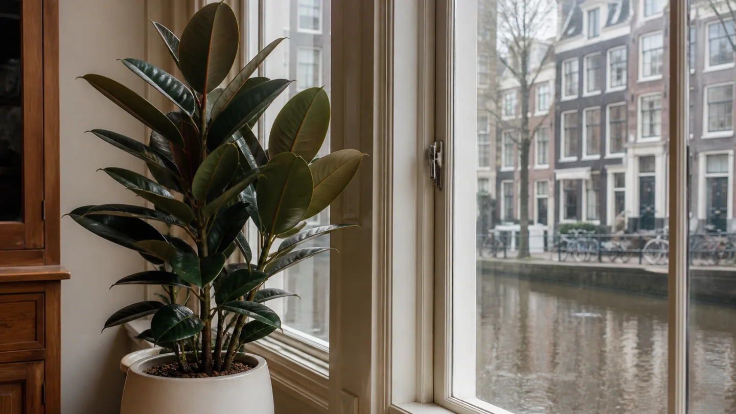 Rubber plant Ficus elastica growing indoors by a window in Amsterdam