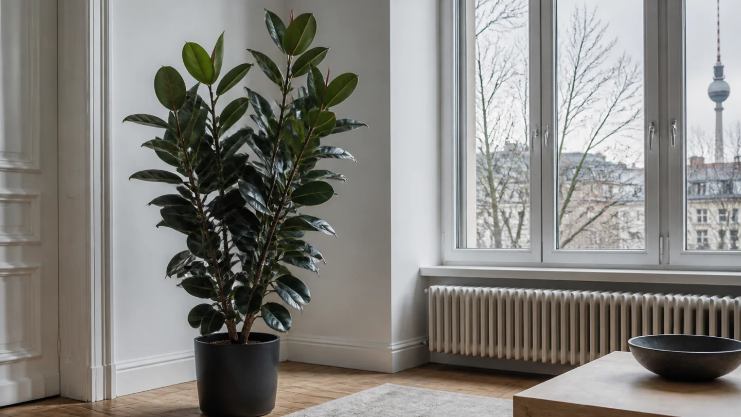 Rubber plant Ficus elastica growing indoors by a window in Berlin