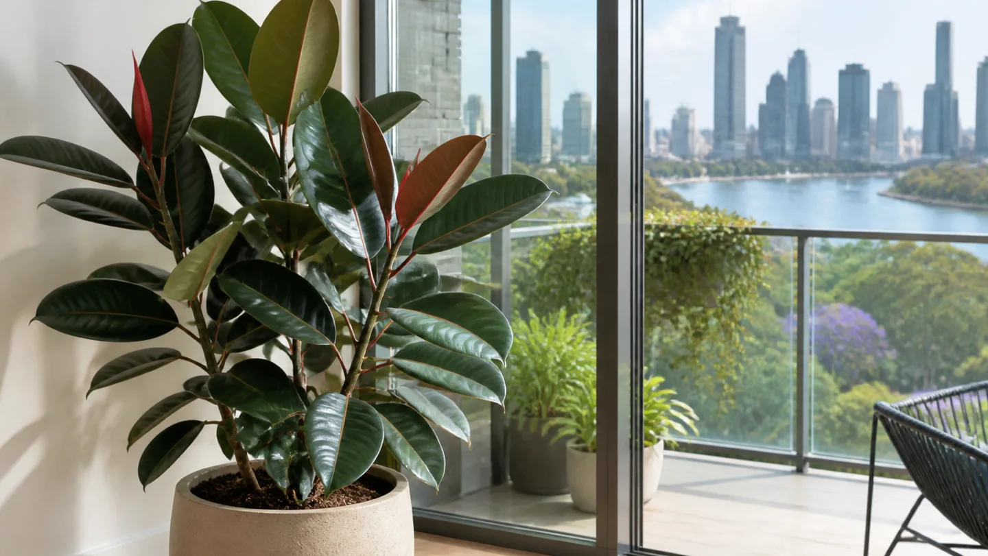 Rubber plant Ficus elastica growing indoors by a window in Brisbane