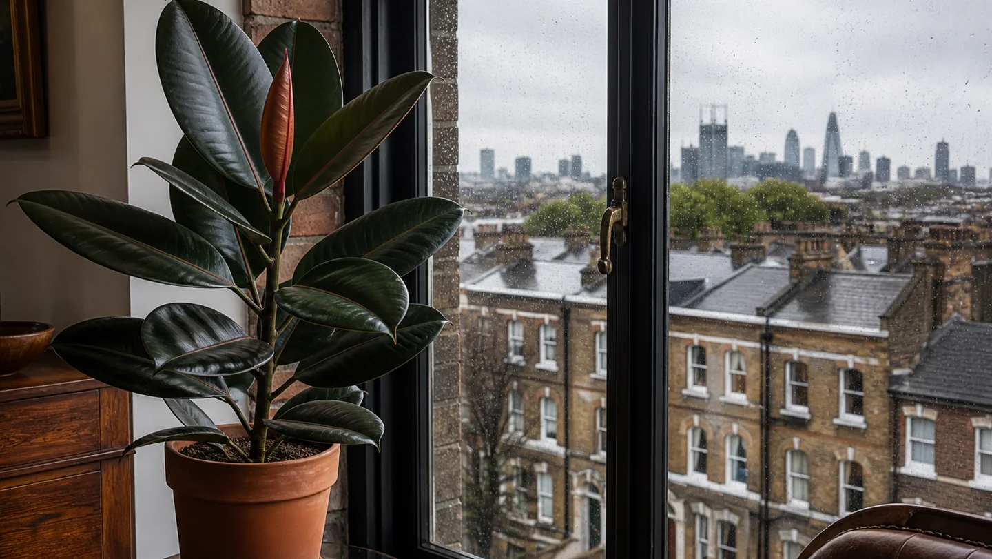 Rubber plant Ficus elastica growing indoors by a window in London
