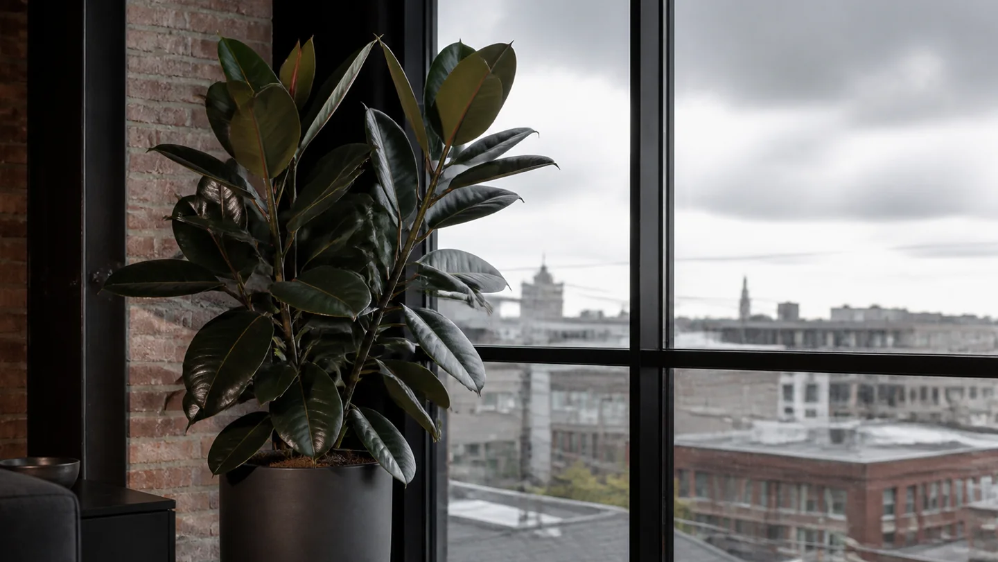 Rubber plant Ficus elastica growing indoors by a window in Melbourne