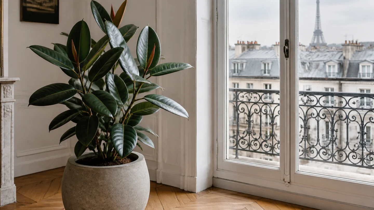 Rubber plant Ficus elastica growing indoors by a window in Paris