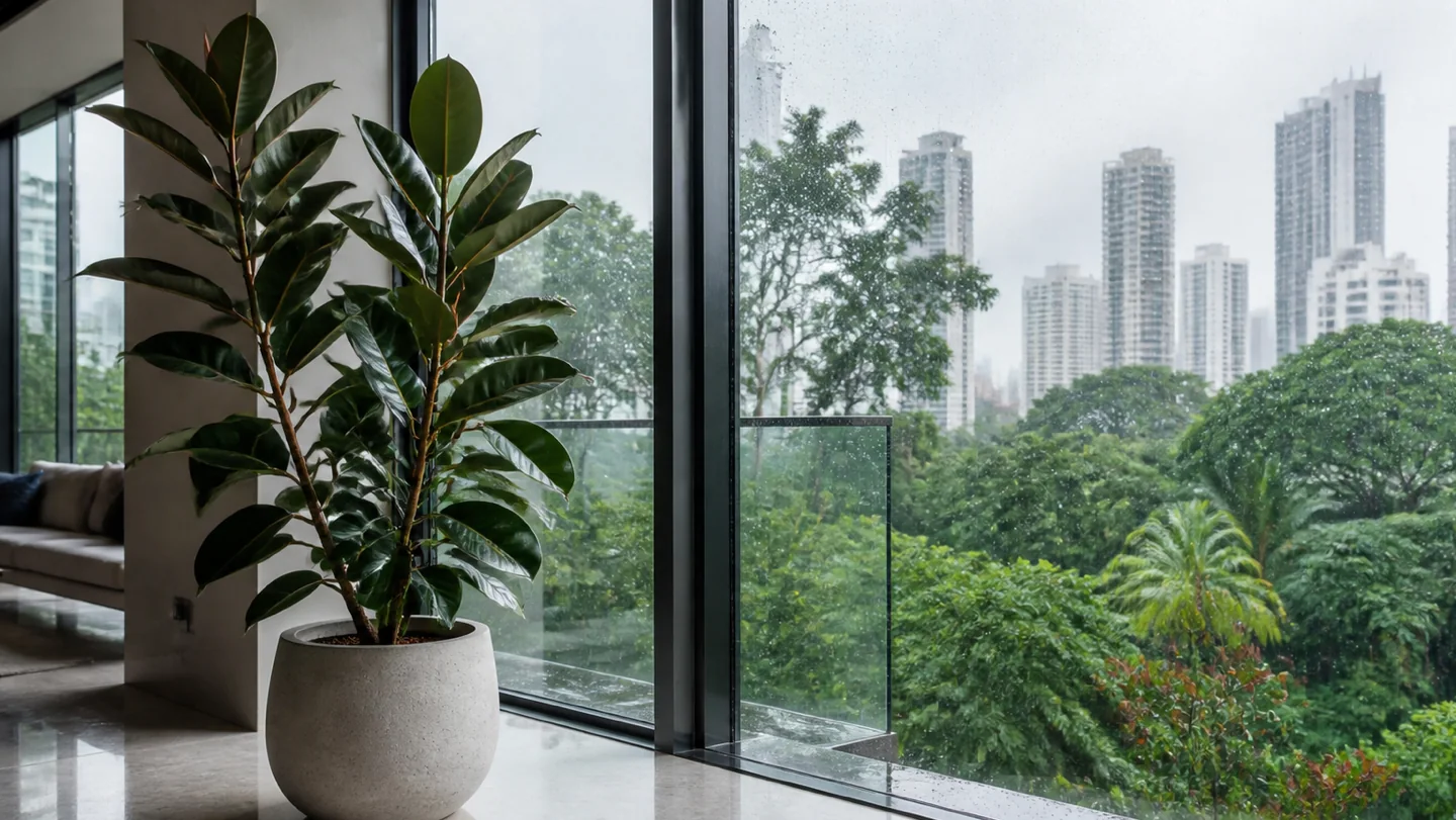 Rubber plant Ficus elastica growing indoors by a window in Singapore