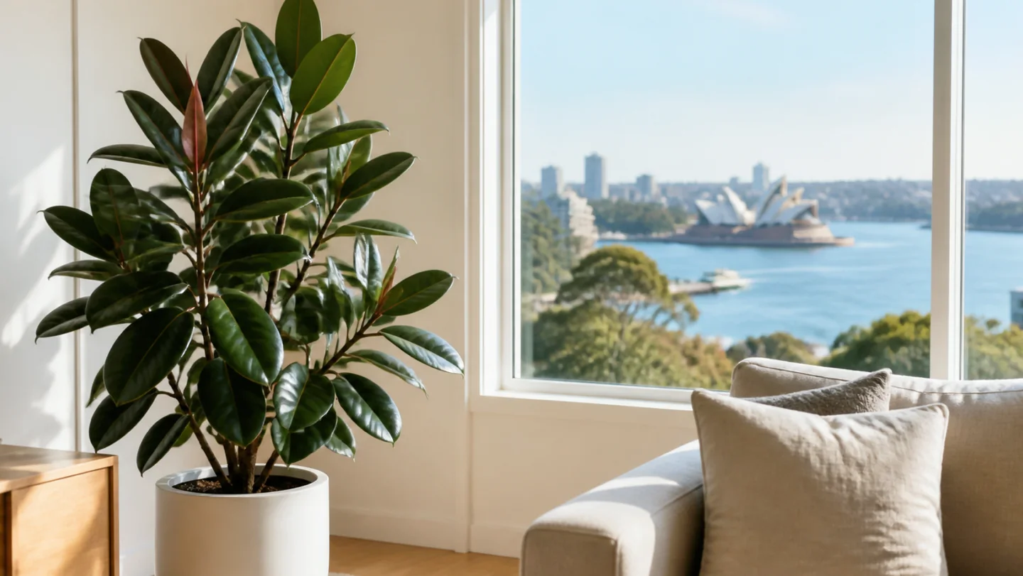 Rubber plant Ficus elastica growing indoors by a window in Sydney