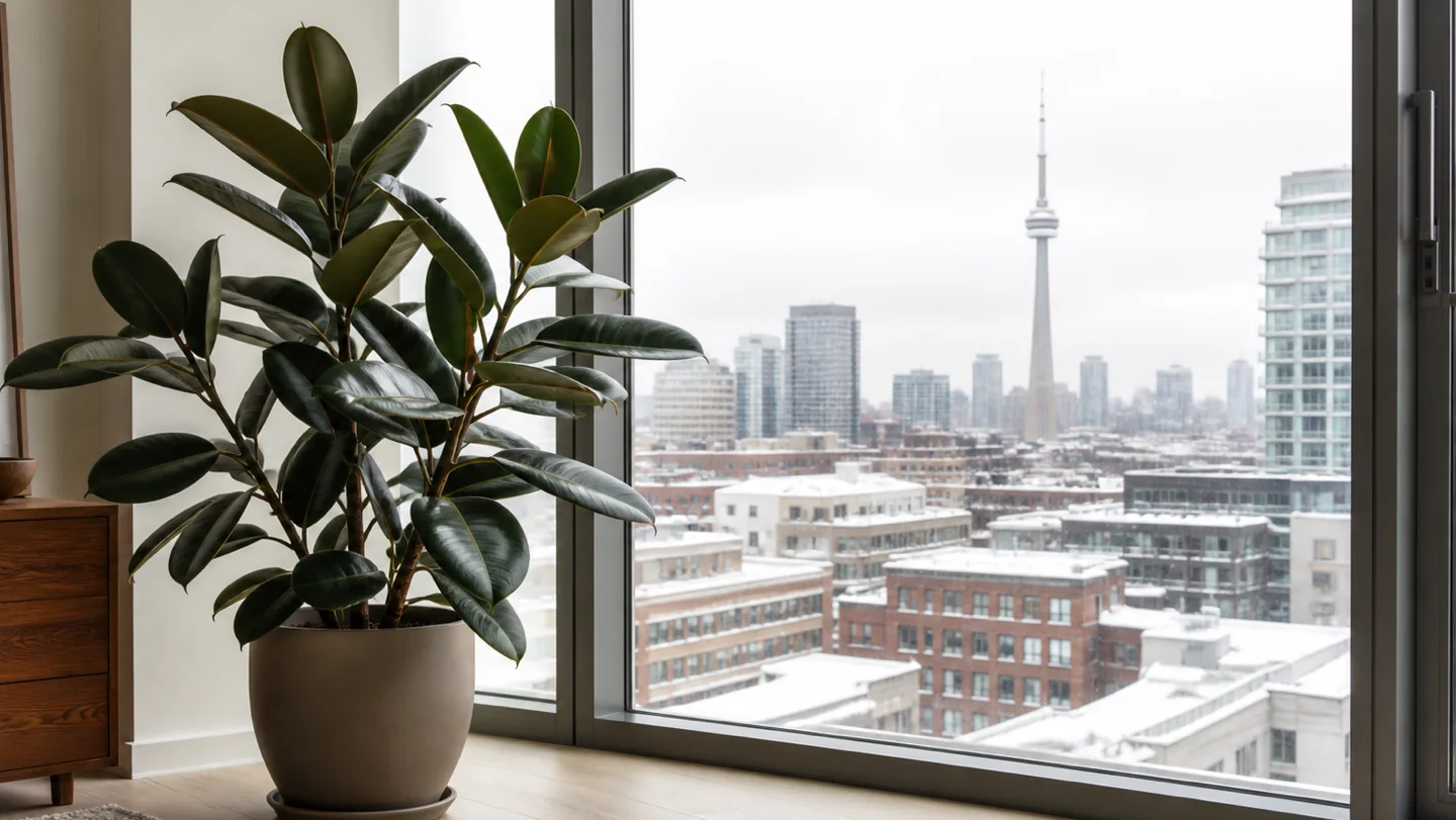 Rubber plant Ficus elastica growing indoors by a window in Toronto