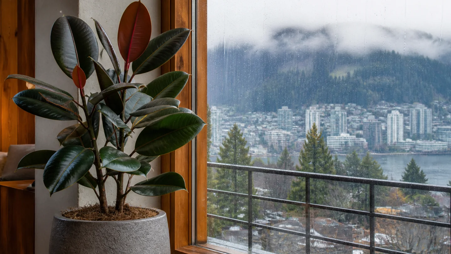 Rubber plant Ficus elastica growing indoors by a window in Vancouver