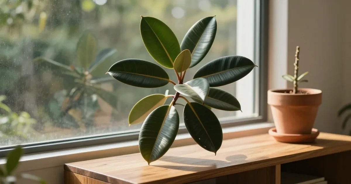 Rubber plant with yellowing lower leaves in an indoor setting
