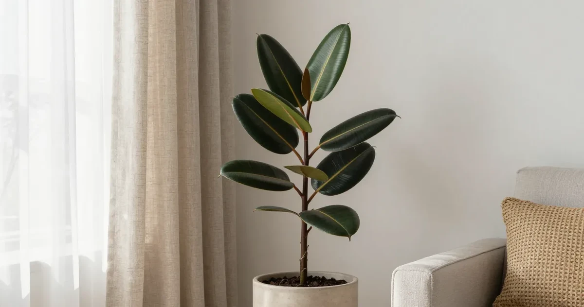 Rubber tree plant (Ficus elastica) with large glossy leaves in a bright indoor room