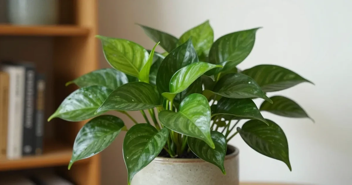 Satin pothos with silver-splashed velvety leaves trailing from a shelf