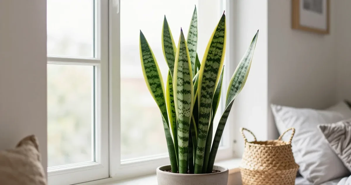 Snake plant with tall upright variegated leaves in a terracotta pot on a windowsill