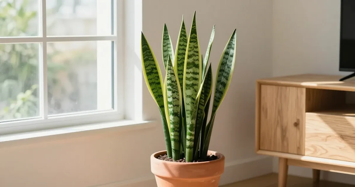 Snake plant with upright green-and-yellow striped leaves growing in a terracotta pot near a bright window