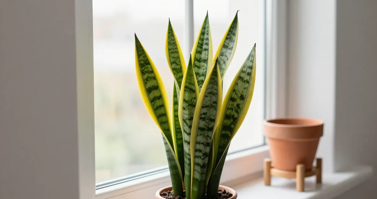 Snake plant with yellowing lower leaves in a terracotta pot