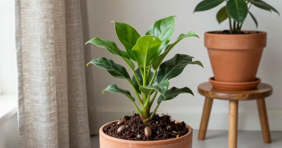 Close-up of potting soil surface showing tiny mites in a houseplant pot