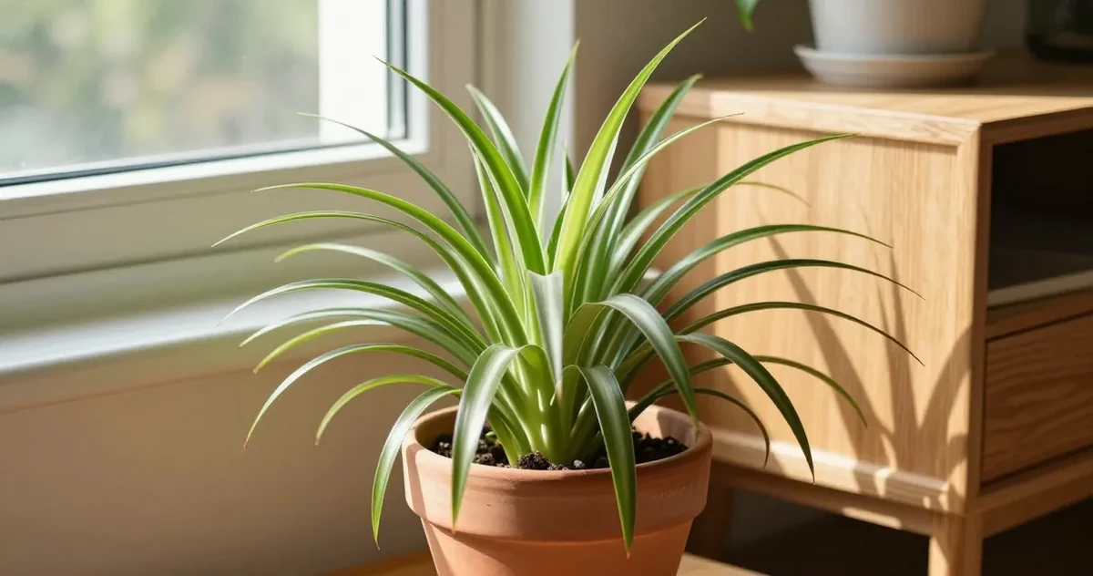 Spider plant with variegated green and white leaves cascading from a hanging basket