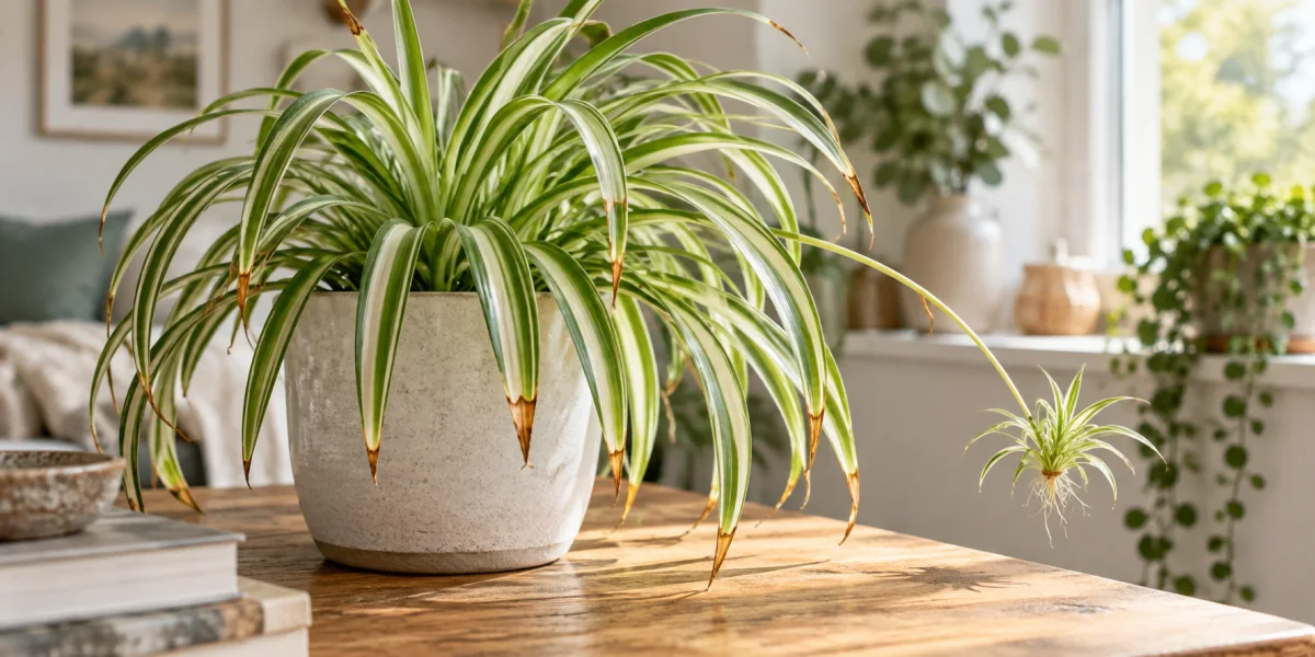 Spider plant with brown crispy leaf tips in a white pot