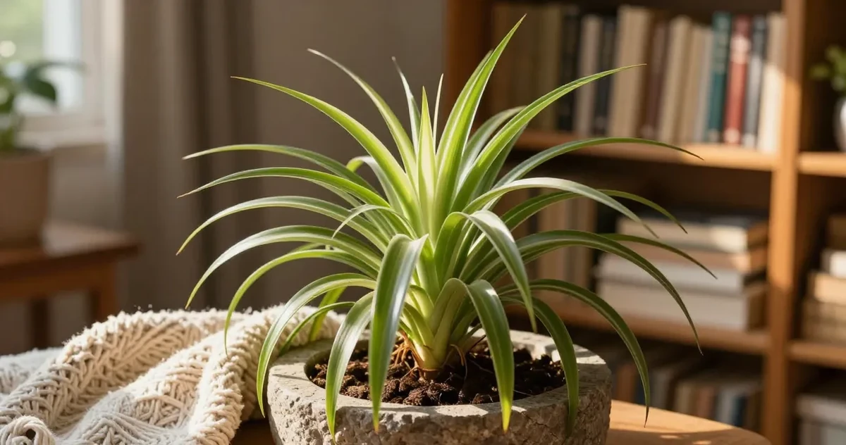 Spider plant with long arching variegated leaves and spiderettes hanging from runners
