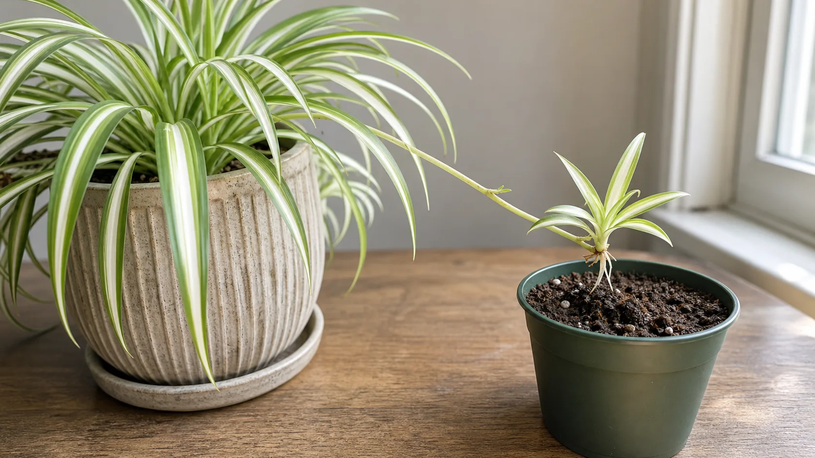 Spider plant babies hanging from the mother plant beside a small pot ready for propagation