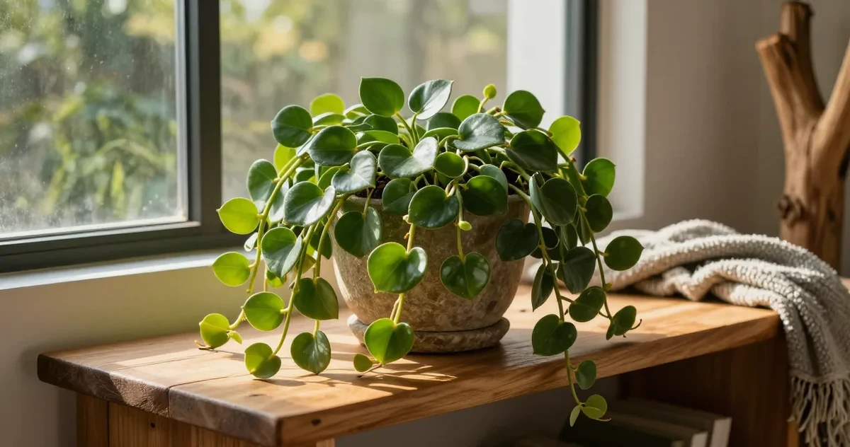 String of Hearts plant with variegated heart-shaped leaves trailing from a hanging pot