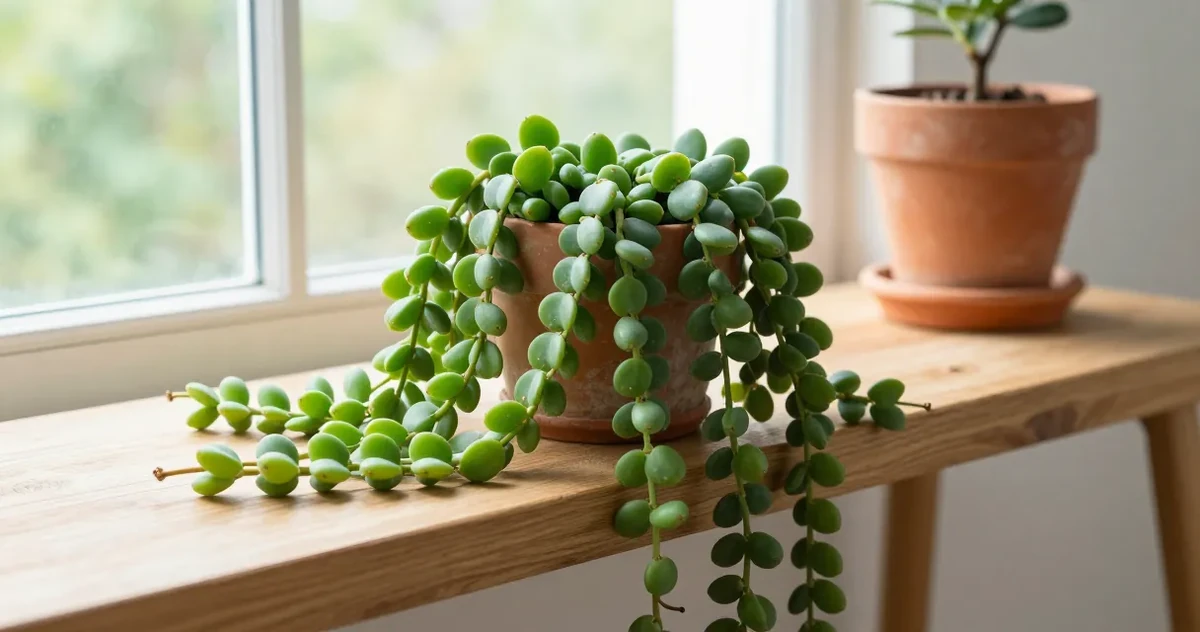 String of pearls plant in a hanging pot with cascading pearl-like leaves