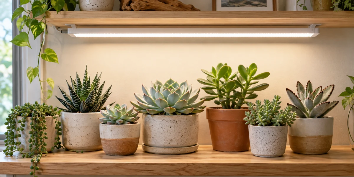 Compact rosette succulents beneath an adjustable white LED grow light on an indoor shelf