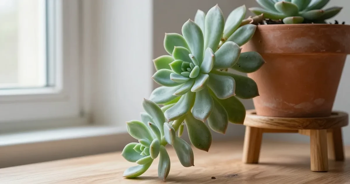 Succulent with lower leaves dropping, showing both healthy rosette center and fallen leaves on the soil