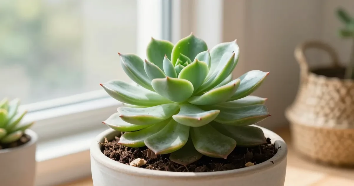 Terracotta pots with succulents in fast-draining mineral soil on a bright windowsill
