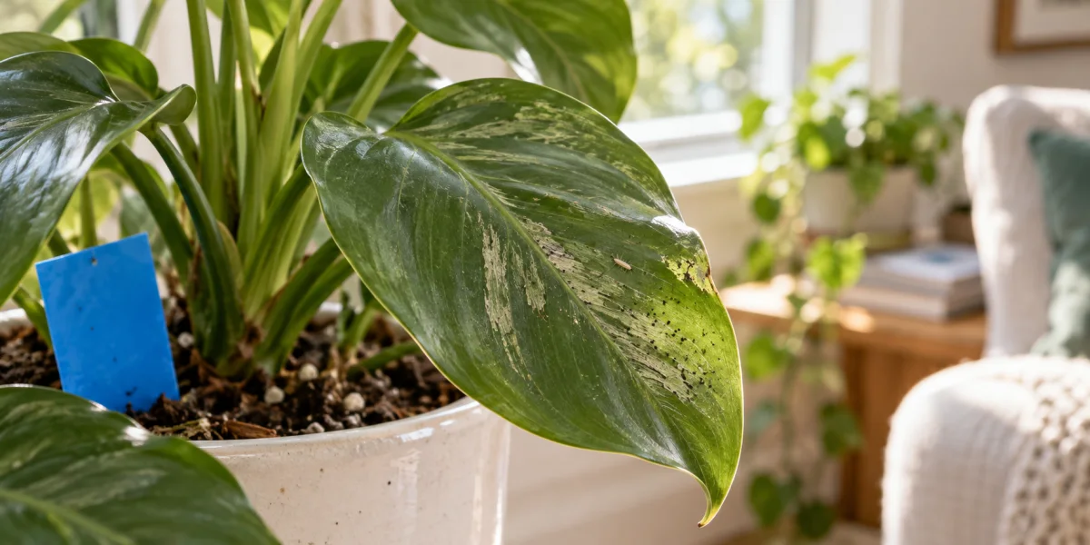 Silvery streaks and black frass specks left by thrips on a houseplant leaf