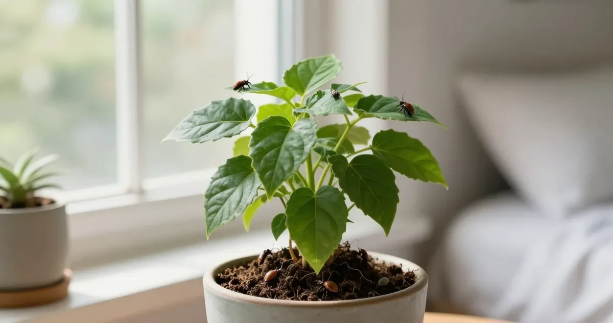 Close-up of houseplant soil showing tiny insects on the surface
