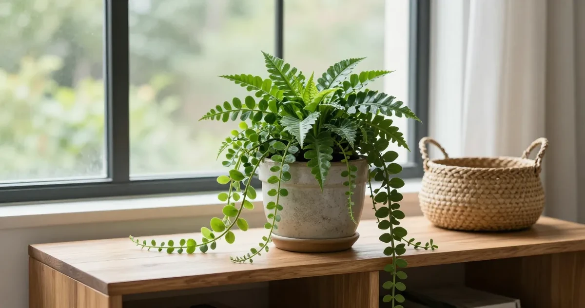 A collection of trailing indoor plants hanging in baskets and spilling over shelves