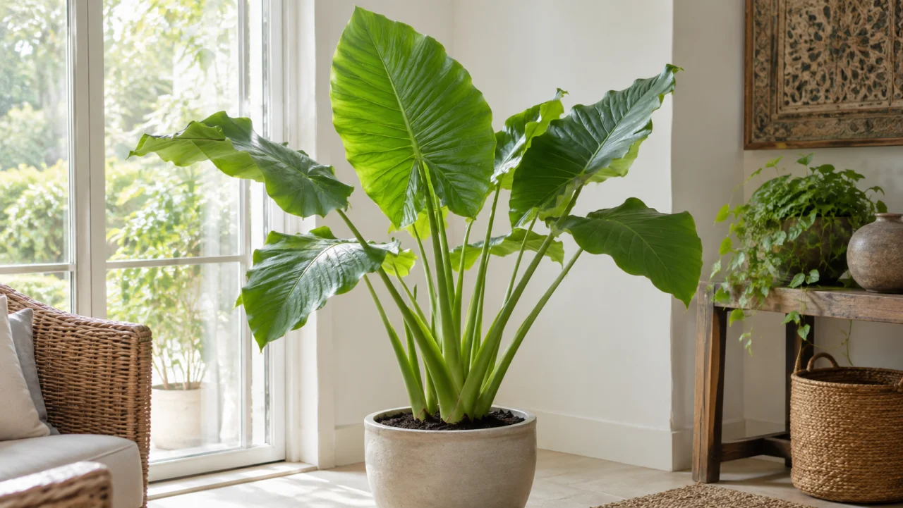 Alocasia odora med stora upprätta blad som växer inomhus nära ett ljust fönster