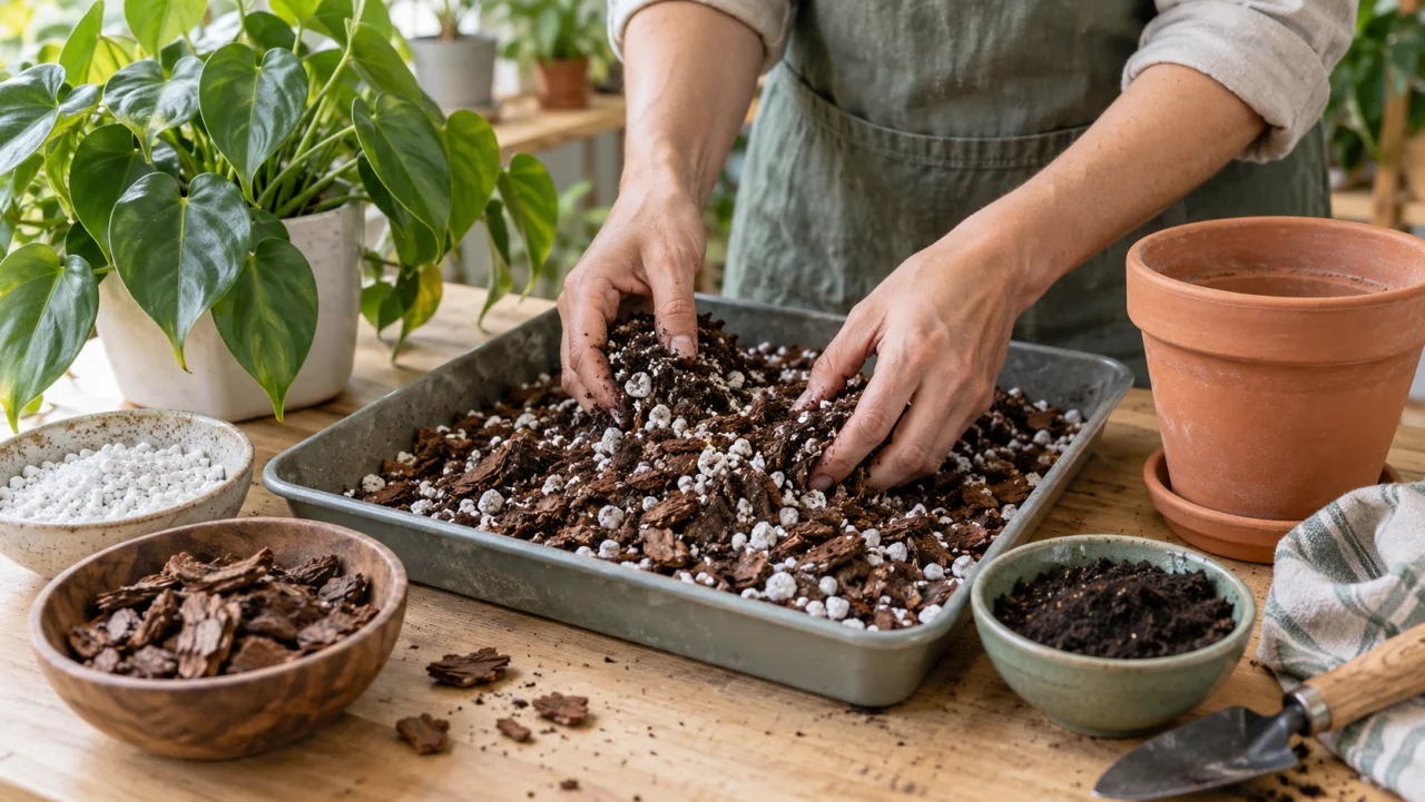Mani che mescolano ammendanti per il terriccio, tra cui perlite e corteccia per orchidee, per piante da appartamento