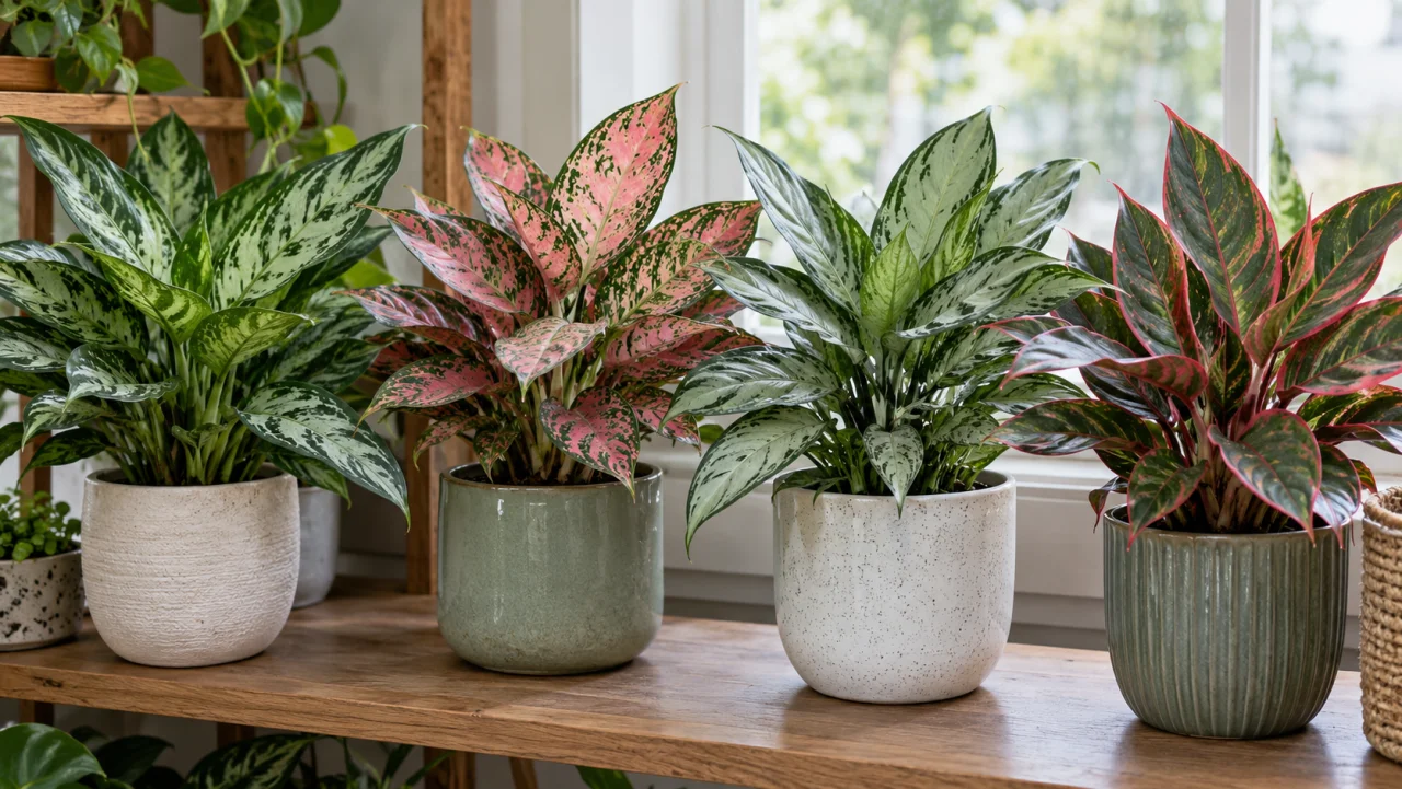 Aglaonemasorter med gröna, silverfärgade, rosa och röda blad sida vid sida