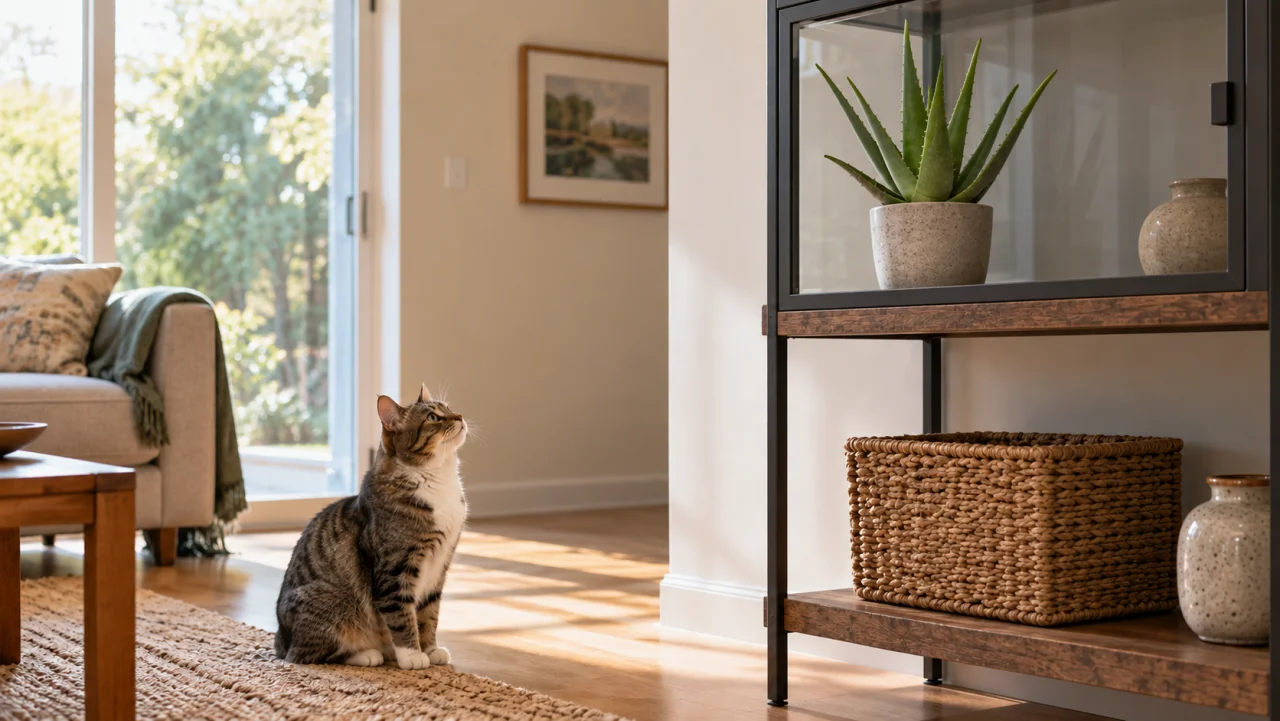 Aloe vera på en hylla utom räckhåll för en nyfiken katt