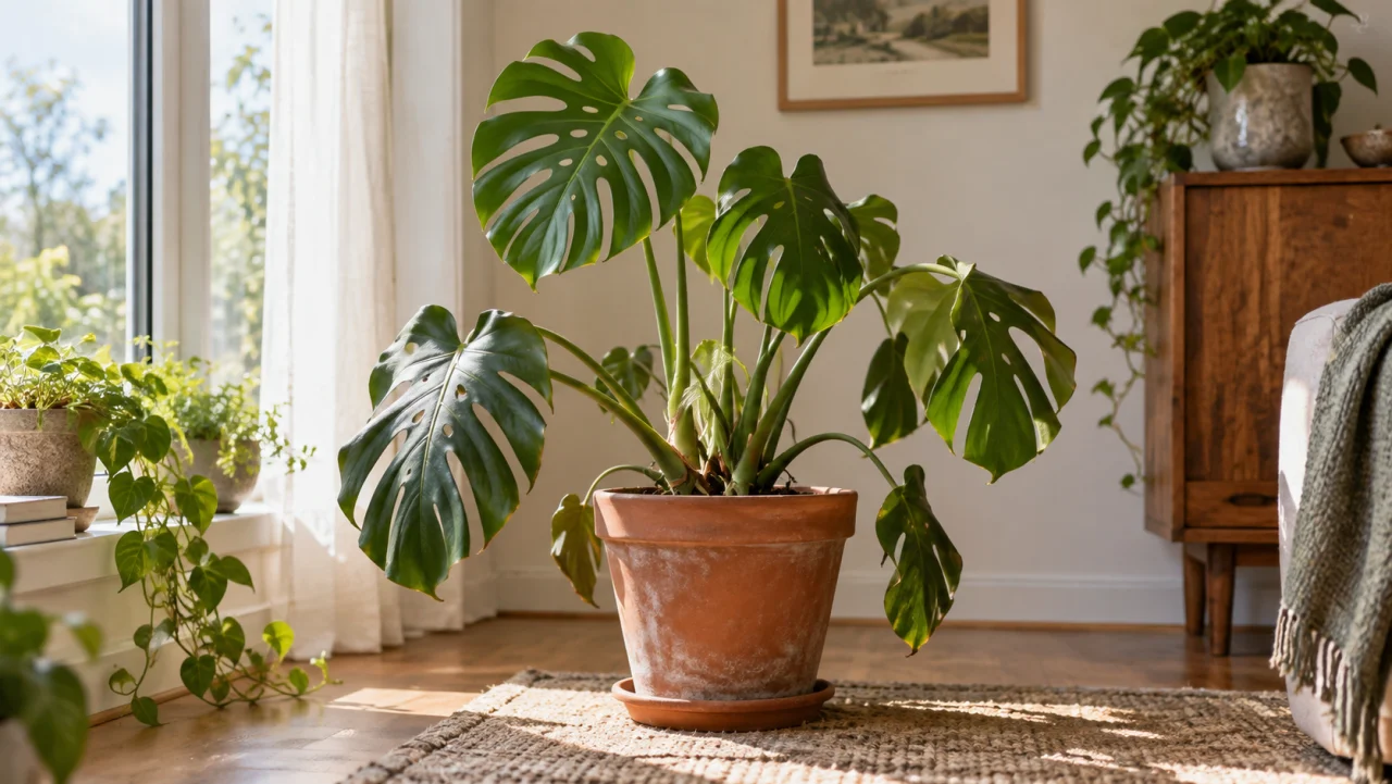 Monstera med slokande blad i en terrakottakruka
